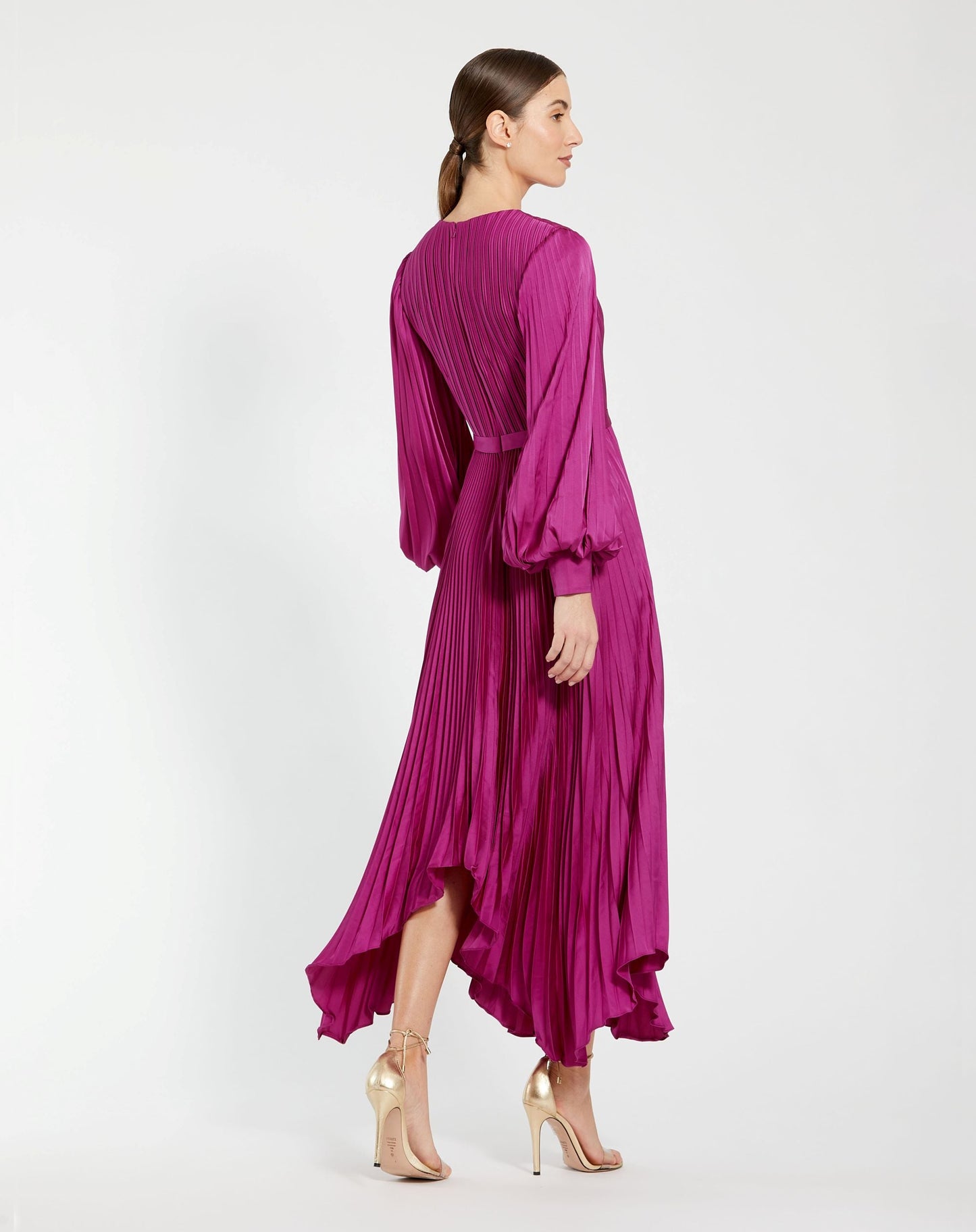 Petite Purple Long Sleeve Pleated Charmeuse Handkerchief Dress