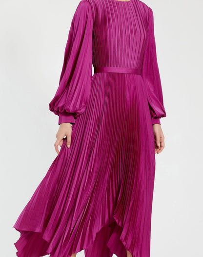 Petite Purple Long Sleeve Pleated Charmeuse Handkerchief Dress