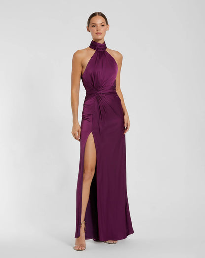 Petite Purple Sleeveless Open Back Satin Gown