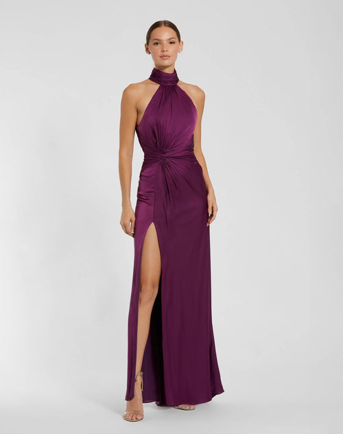 Petite Purple Sleeveless Open Back Satin Gown