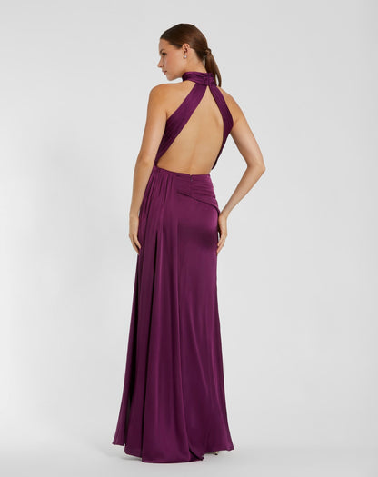 Petite Purple Sleeveless Open Back Satin Gown
