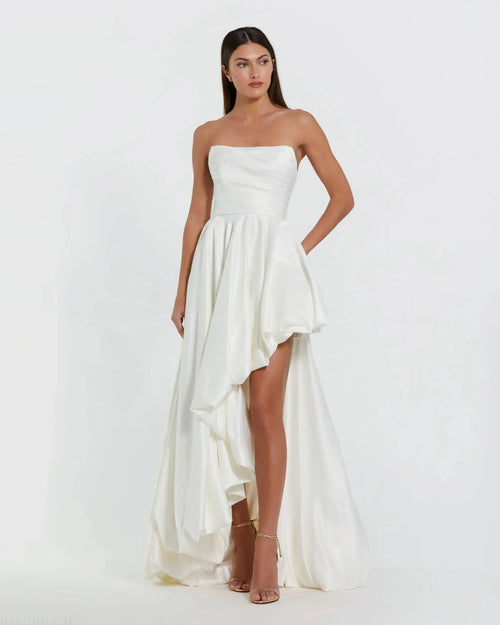 Petite White Strapless Ruched High Low Gown