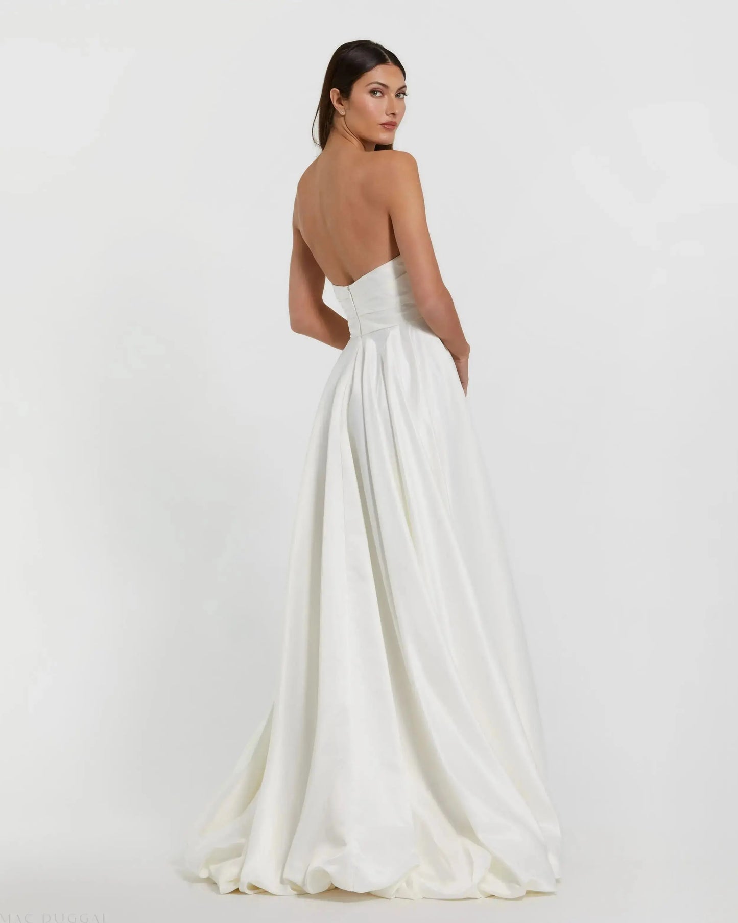 Petite White Strapless Ruched High Low Gown