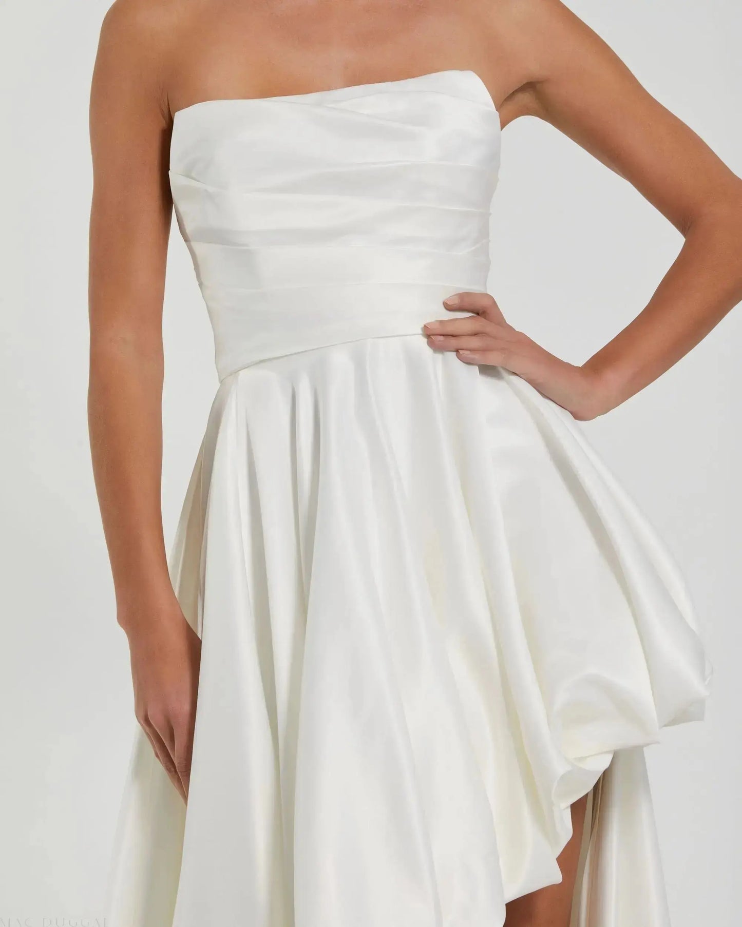 Petite White Strapless Ruched High Low Gown