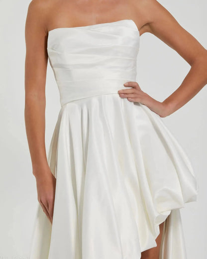 Petite White Strapless Ruched High Low Gown