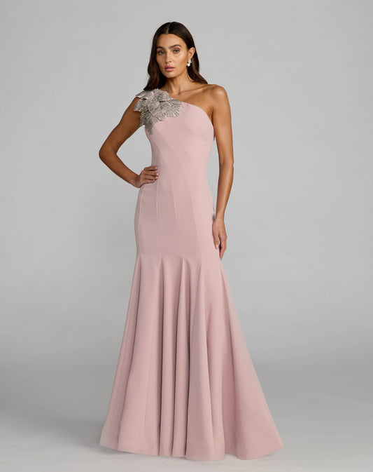 Petite Pink Crepe One Shoulder Gown With Crystal Flower