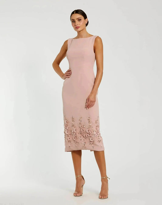 Petite Pink Crepe Sleeveless Midi Dress With Flower Beading