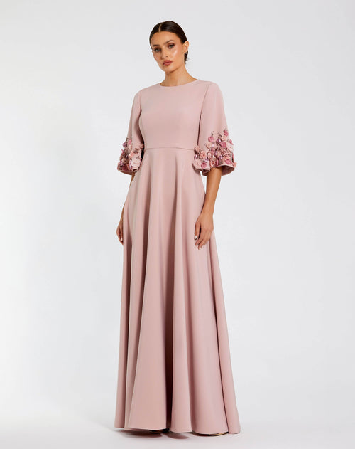 Petite Pink Crepe 3/4 Sleeve A-line Gown With Flower Trim