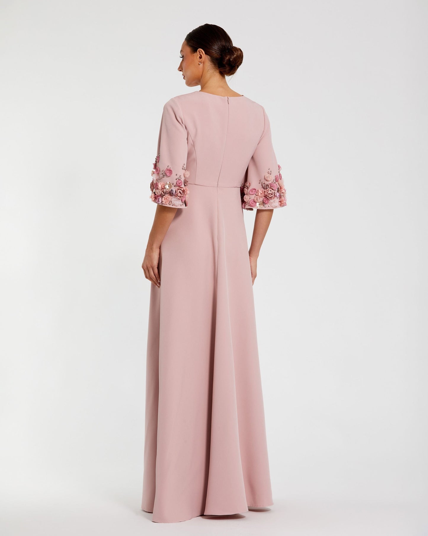 Petite Pink Crepe 3/4 Sleeve A-line Gown With Flower Trim