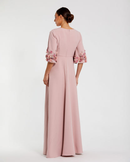 Petite Pink Crepe 3/4 Sleeve A-line Gown With Flower Trim