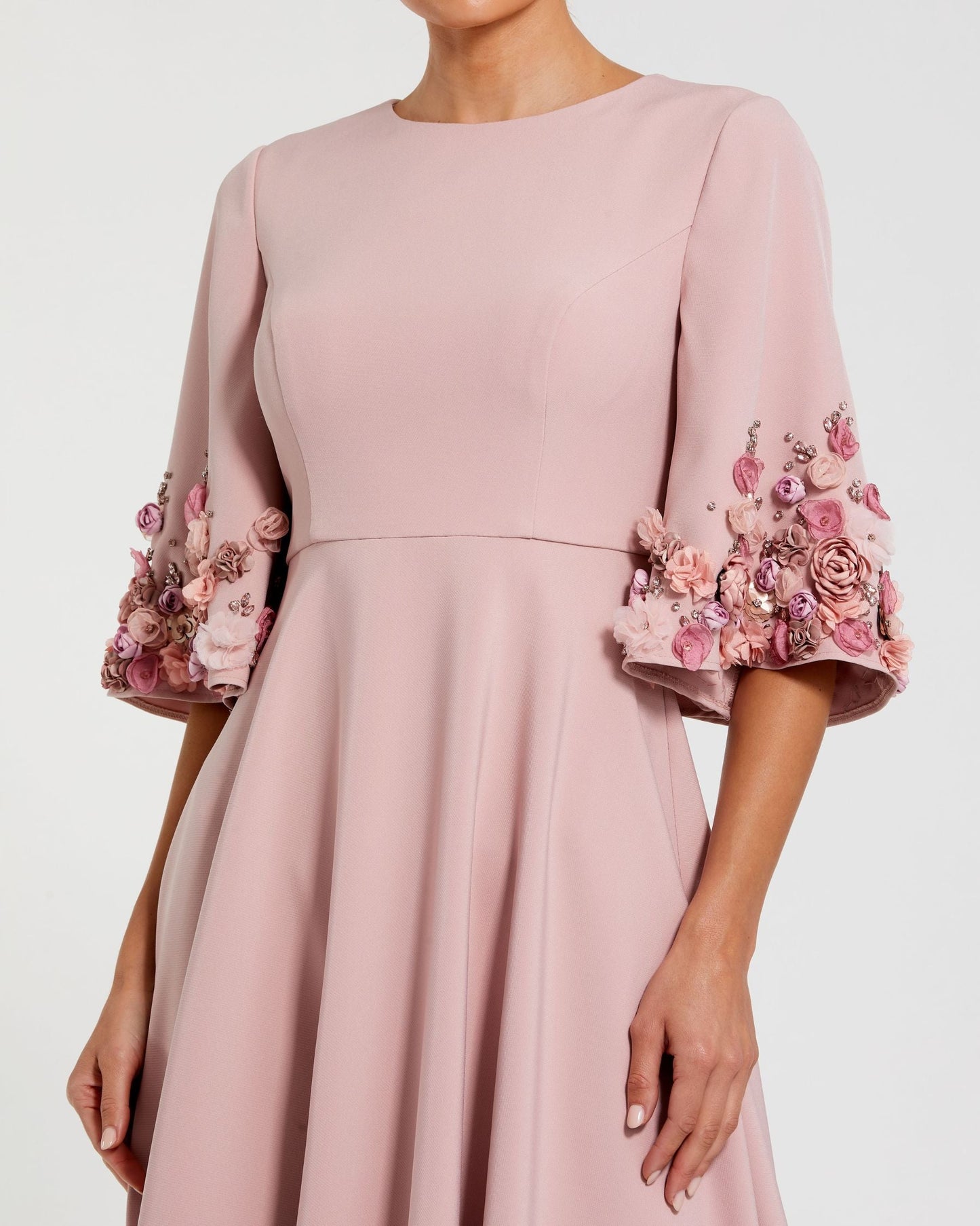 Petite Pink Crepe 3/4 Sleeve A-line Gown With Flower Trim