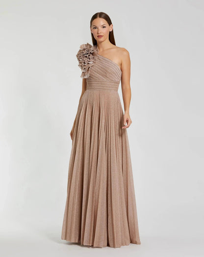 Pleated One Shoulder Ruffle Gown