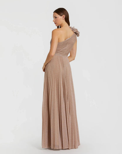 Petite Pink Pleated One Shoulder Ruffle Gown