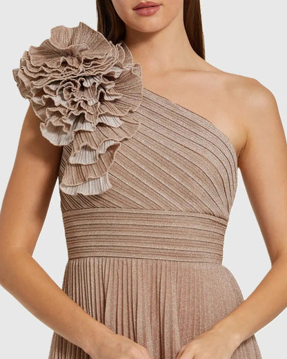 Petite Pink Pleated One Shoulder Ruffle Gown