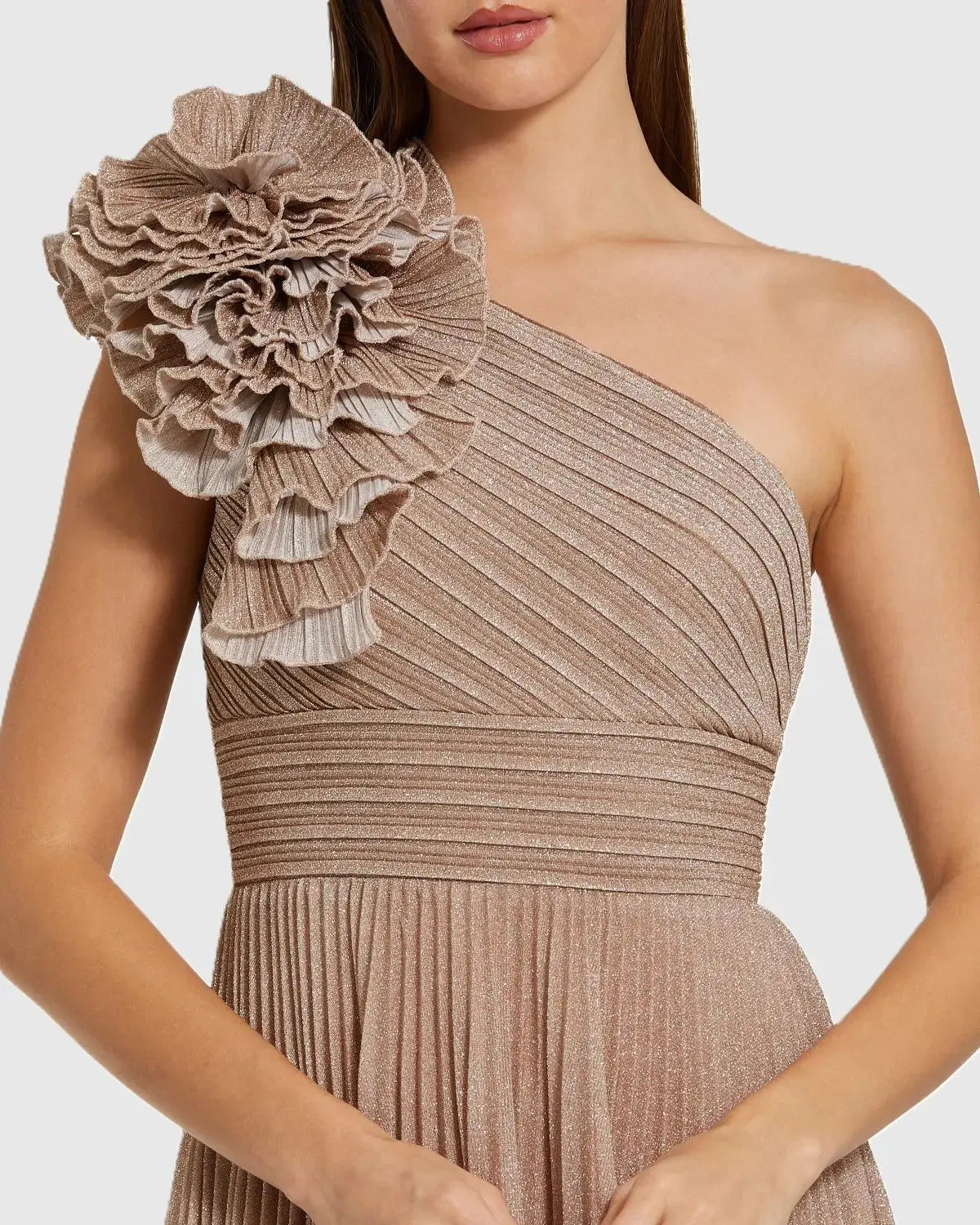 Petite Pink Pleated One Shoulder Ruffle Gown