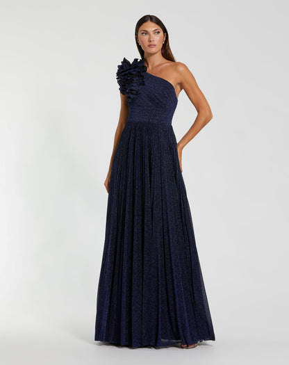 Petite Navy Pleated One Shoulder Ruffle Gown