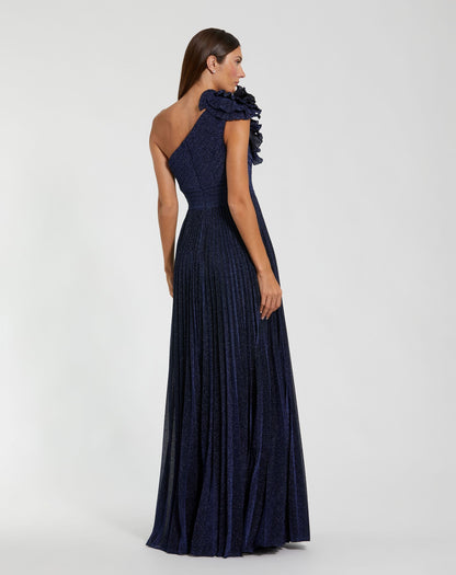 Petite Navy Pleated One Shoulder Ruffle Gown