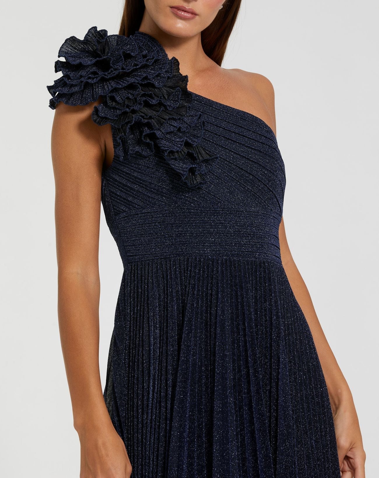 Petite Navy Pleated One Shoulder Ruffle Gown