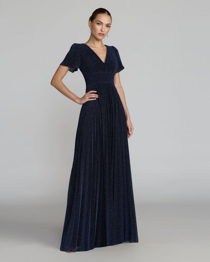Petite Navy Pleated Metallic Flutter Sleeve A Line Gown