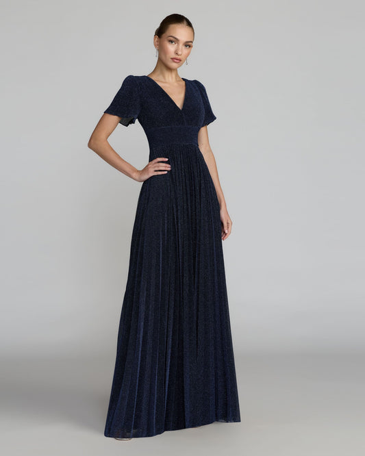 Petite Navy Pleated Metallic Flutter Sleeve A Line Gown