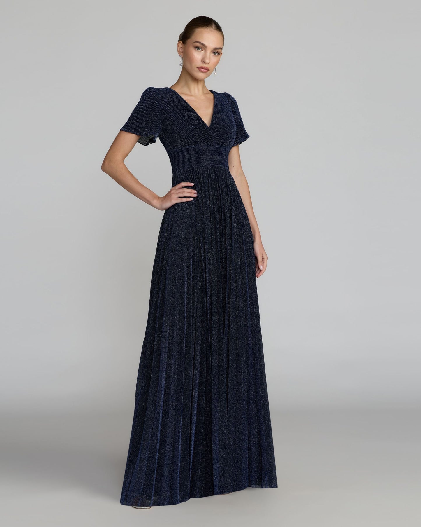 Pleated Metallic Flutter Sleeve A Line Gown