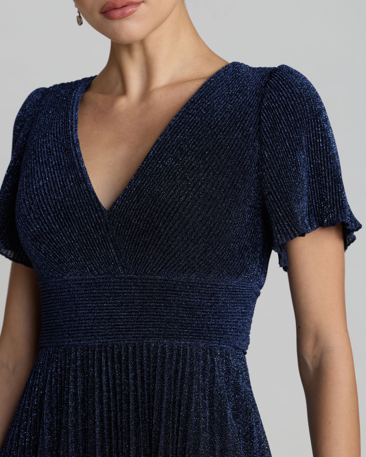 Petite Navy Pleated Metallic Flutter Sleeve A Line Gown