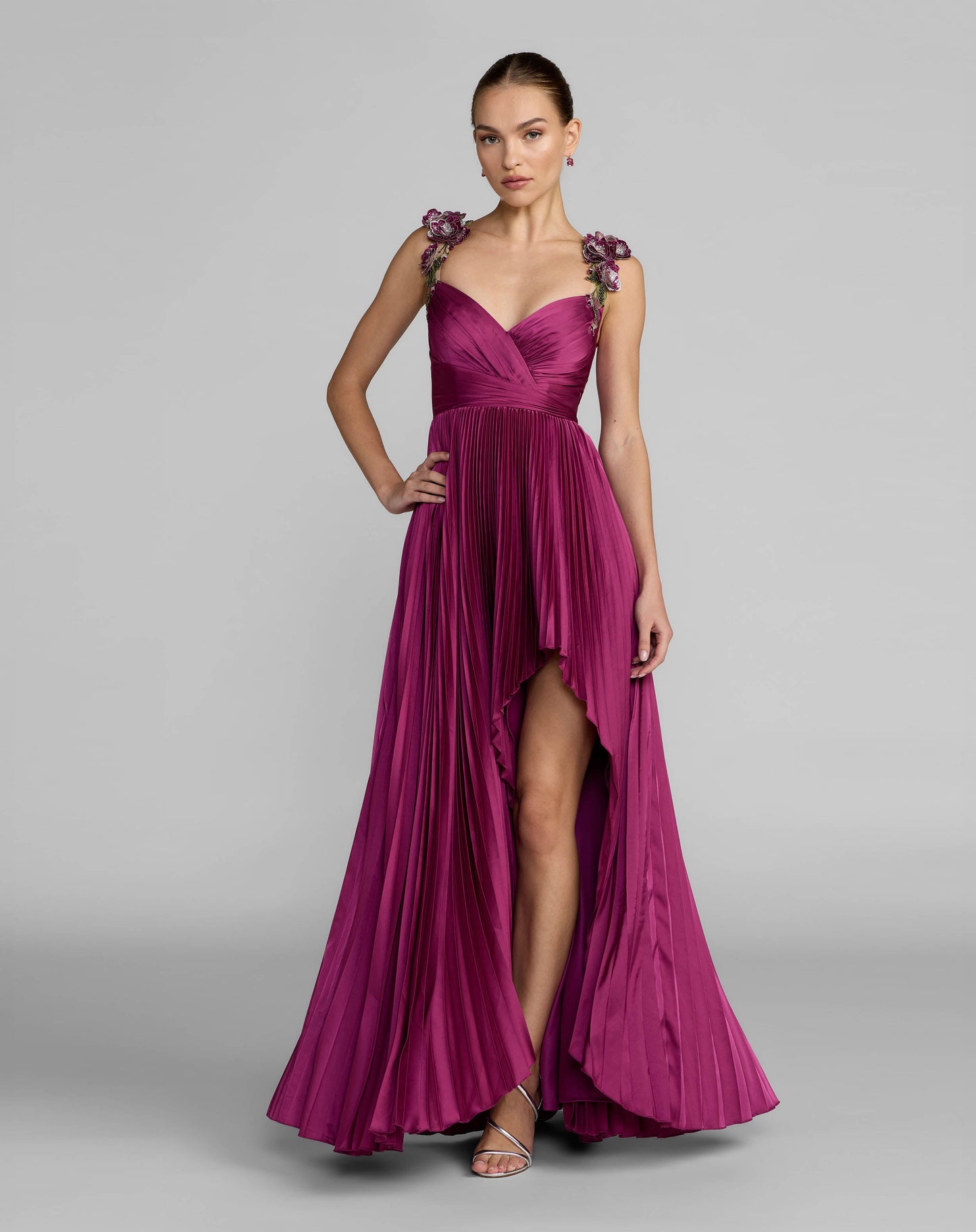 Petite Purple Pleated High Low Gown With 3D Floral Straps