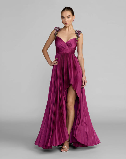 Petite Purple Pleated High Low Gown With 3D Floral Straps
