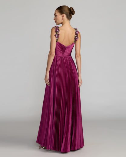 Petite Purple Pleated High Low Gown With 3D Floral Straps