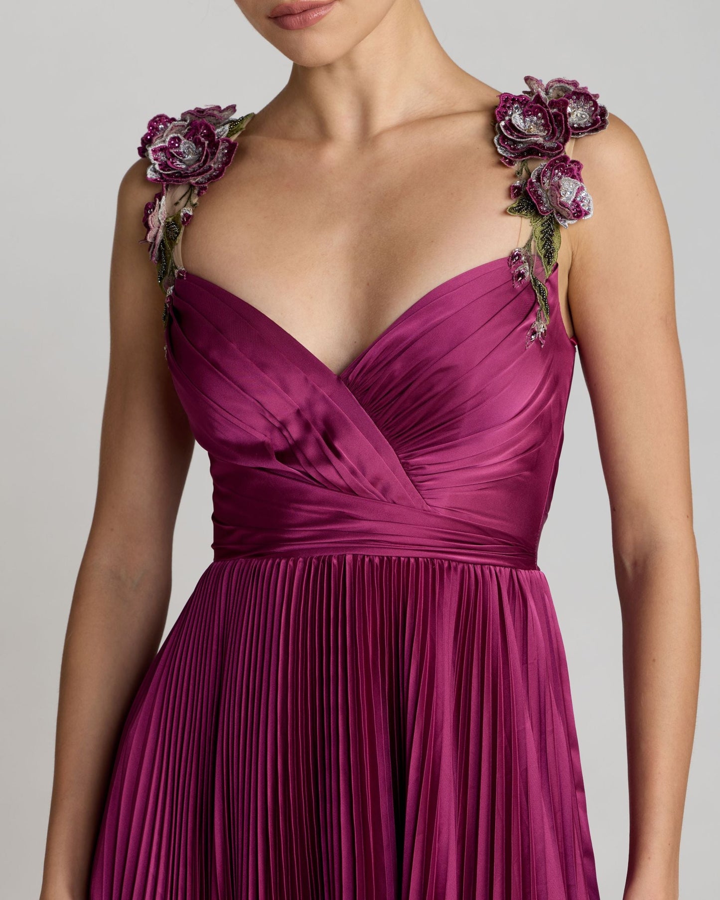 Petite Purple Pleated High Low Gown With 3D Floral Straps