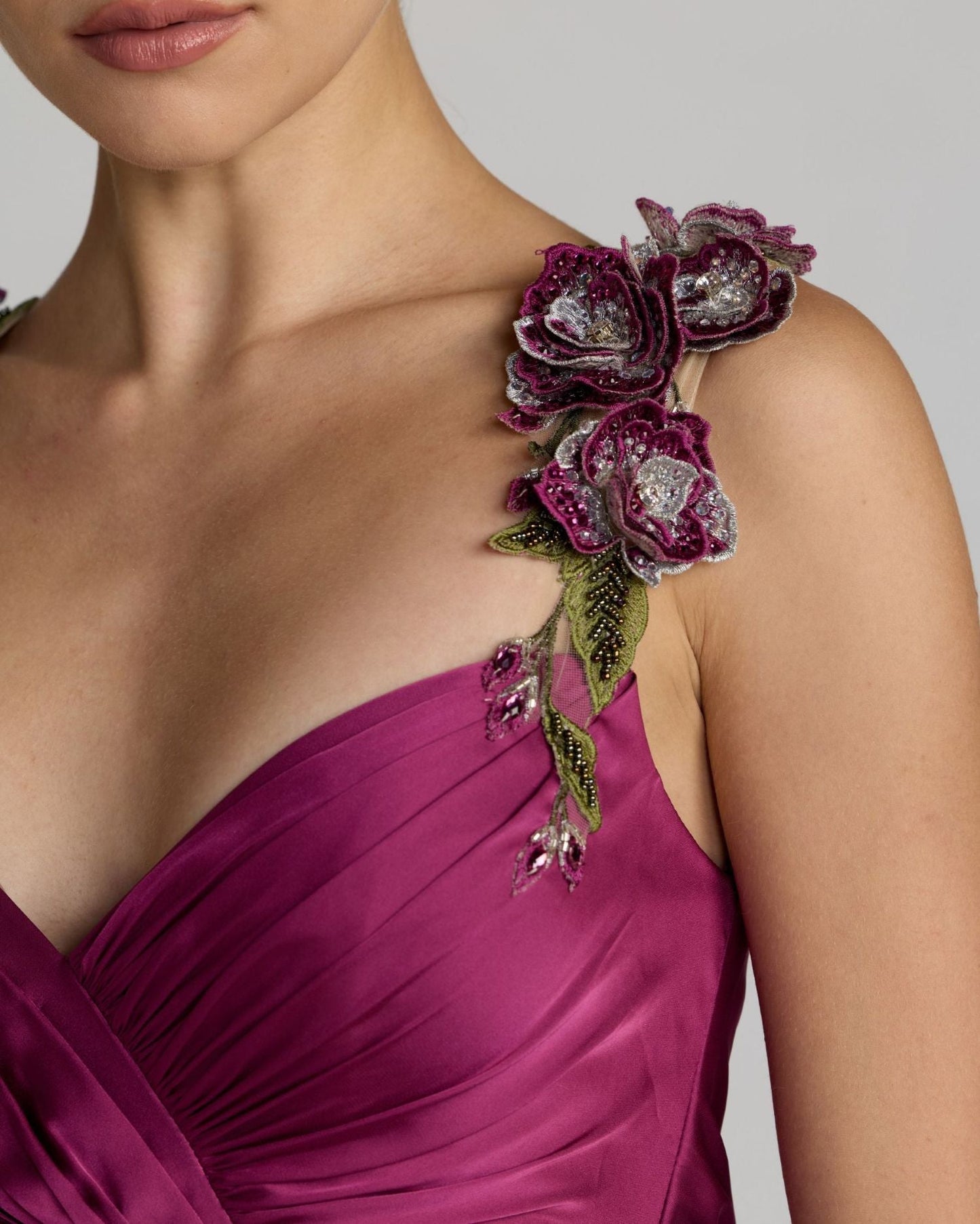 Petite Purple Pleated High Low Gown With 3D Floral Straps