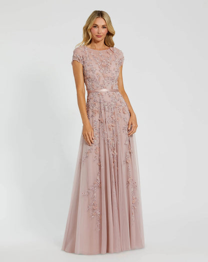 Petite Pink Floral Embellished Cap Sleeve Gown