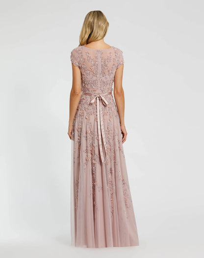 Petite Pink Floral Embellished Cap Sleeve Gown