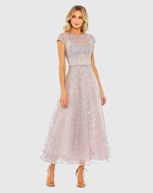 Petite Purple Embellished High Neck Cap Sleeve A Line Dress