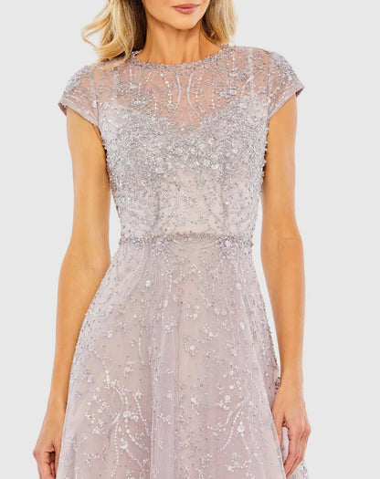 Petite Purple Embellished High Neck Cap Sleeve A Line Dress
