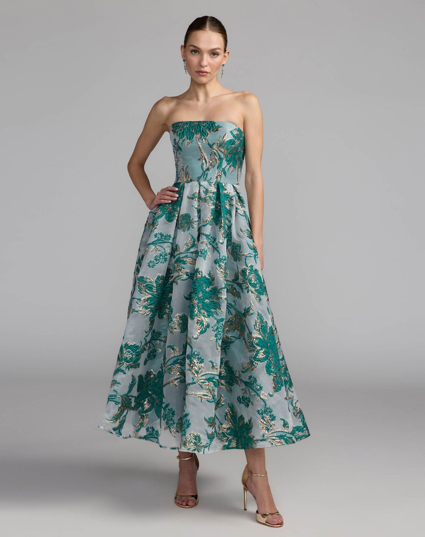 Petite Teal Strapless Brocade Midi Dress with Pockets