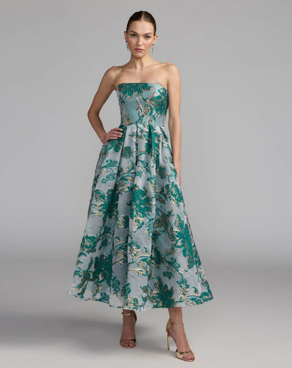 Petite Teal Strapless Brocade Midi Dress with Pockets