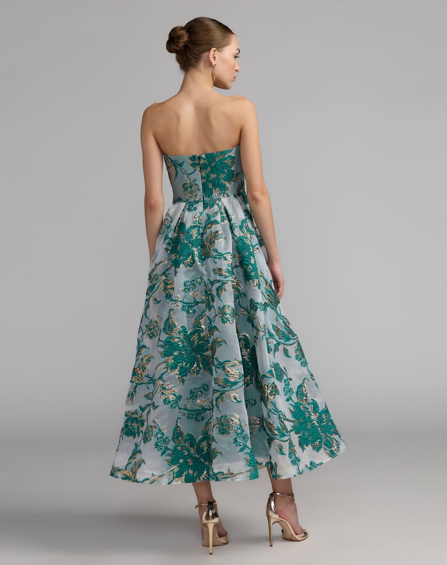 Petite Teal Strapless Brocade Midi Dress with Pockets