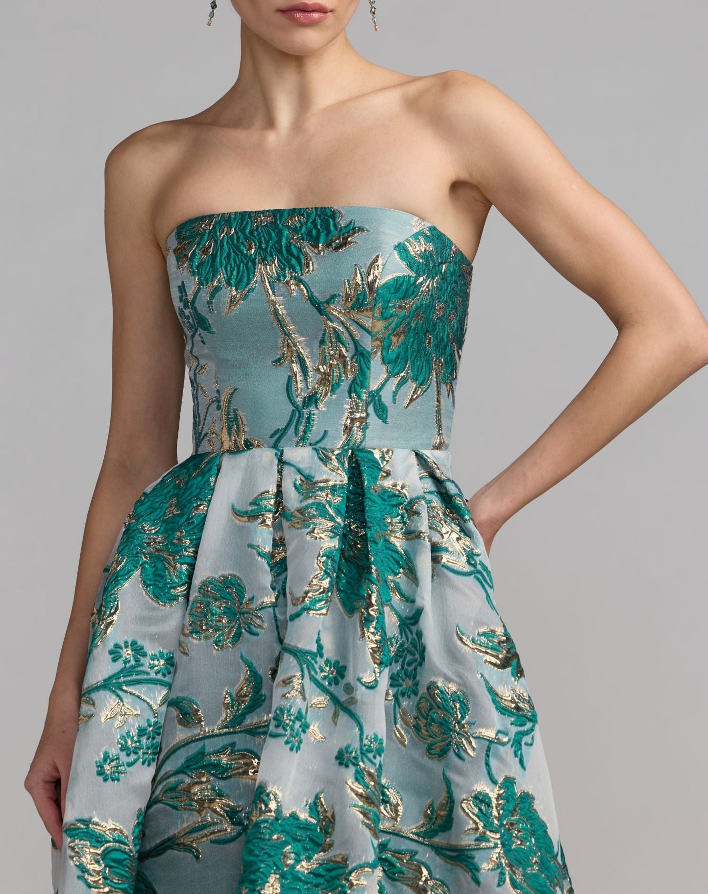 Petite Teal Strapless Brocade Midi Dress with Pockets