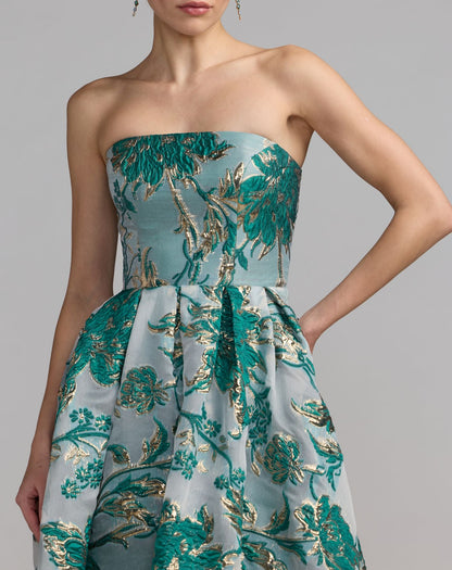 Petite Teal Strapless Brocade Midi Dress with Pockets