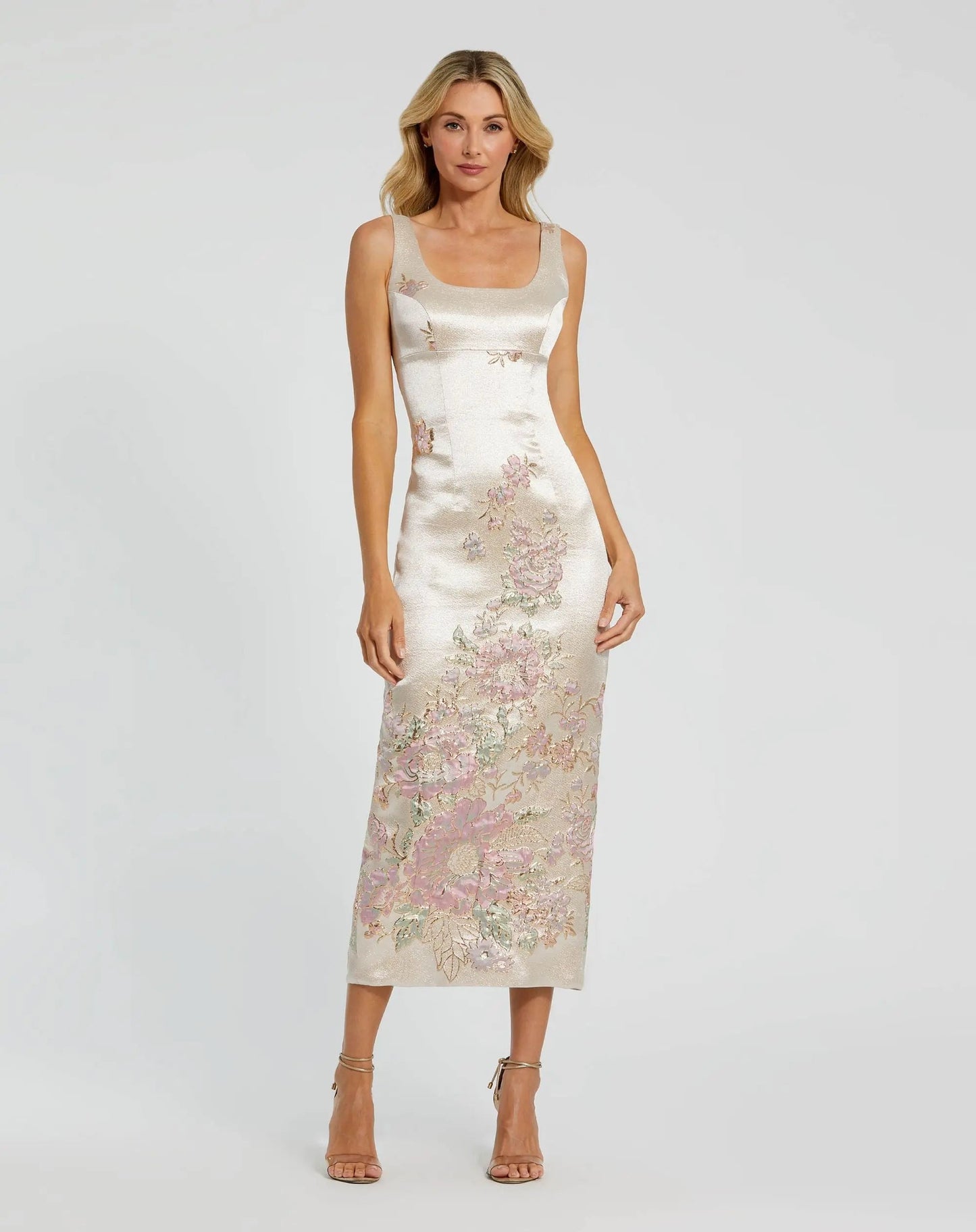 Petite Slim Strap Scoop Neck Bustier Brocade Midi Dress