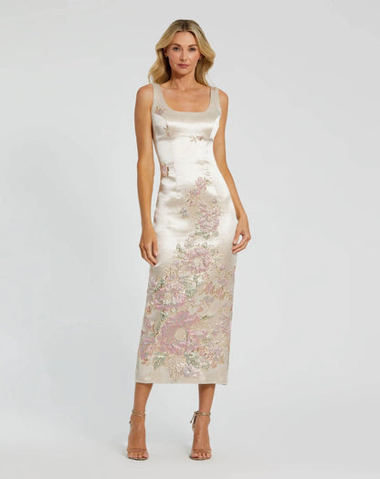Petite Slim Strap Scoop Neck Bustier Brocade Midi Dress