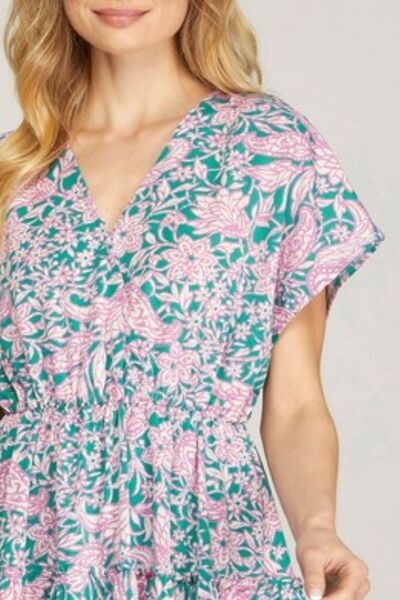 Hazel Blues® | She + Sky Ruffled Hem Printed Surplice Kimono Sleeve Mini Dress
