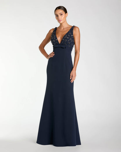 Petite Navy Sleeveless Embellished Crepe Gown With Bow