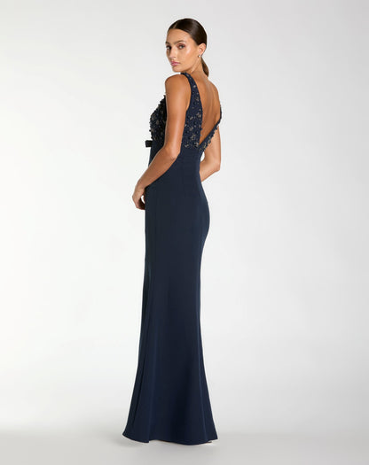 Petite Navy Sleeveless Embellished Crepe Gown With Bow