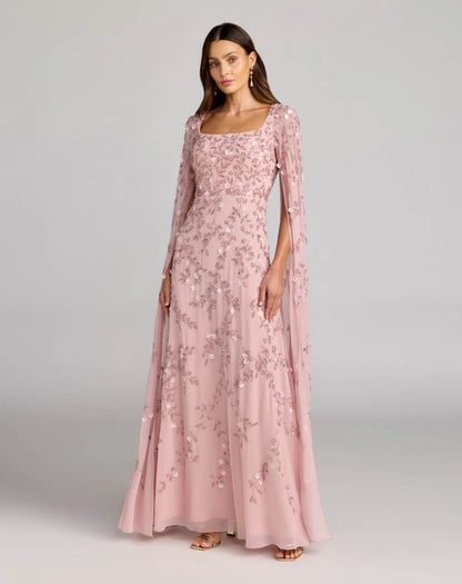 Petite Pink Beaded Square Neck Cape Sleeve Gown