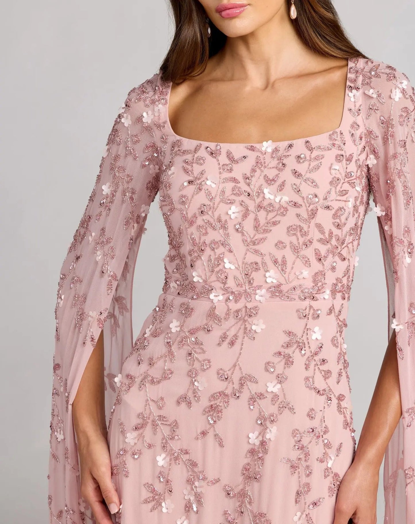 Petite Pink Beaded Square Neck Cape Sleeve Gown