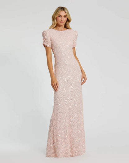 Petite Pink Gathered Short Sleeve Embellished Gown