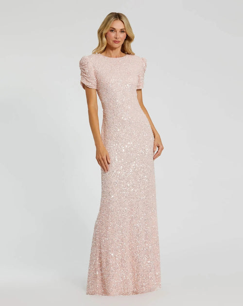Petite Pink Gathered Short Sleeve Embellished Gown