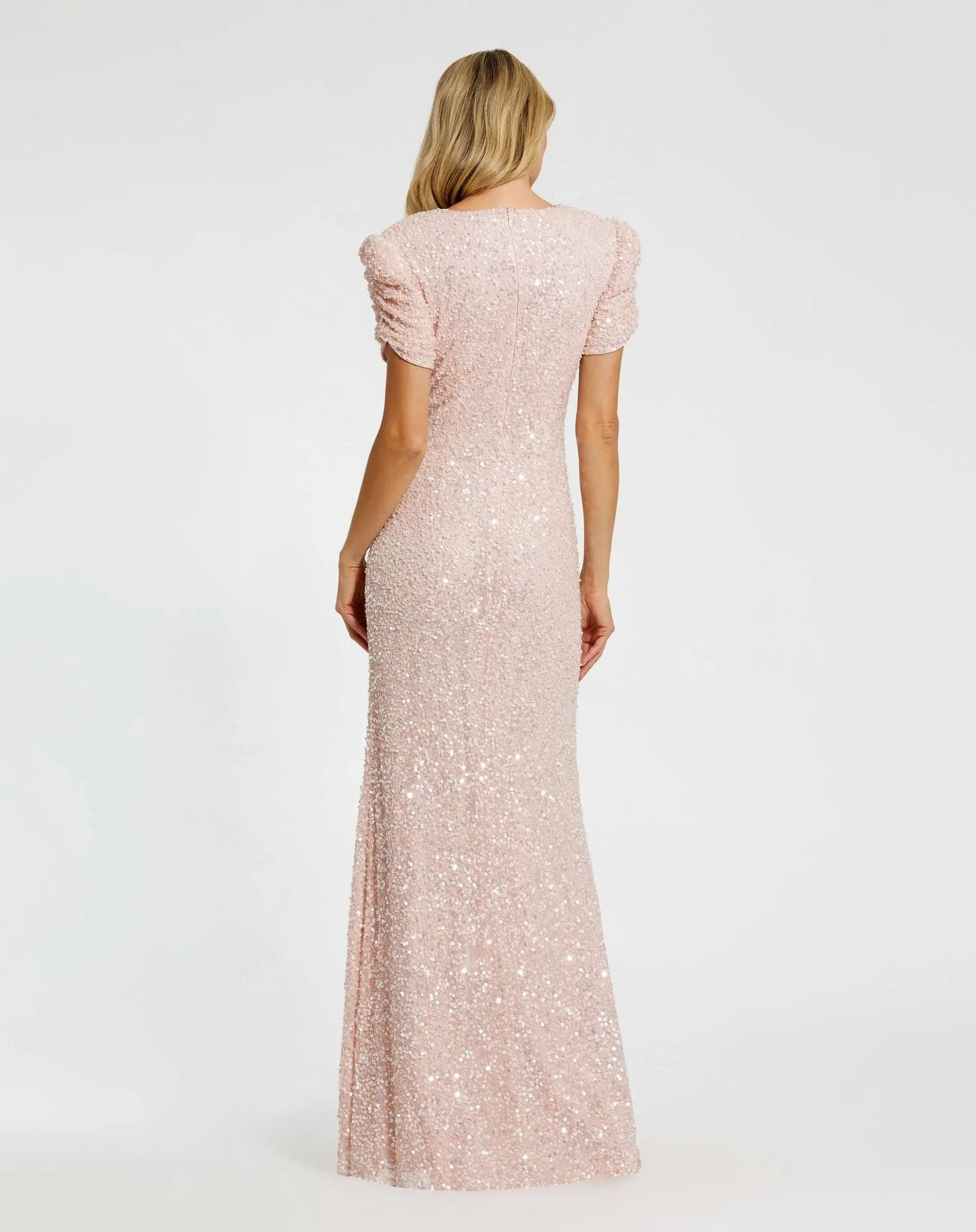 Petite Pink Gathered Short Sleeve Embellished Gown
